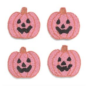 Set of 4 Pink Beaded Pumpkin Drink coasters. Halloween! Brand New! Cute!